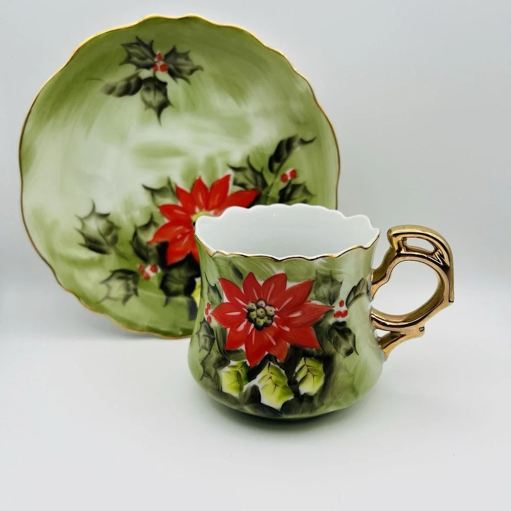 Lefton China Poinsettia Teacup Saucer Hand Painted Holiday Christmas Green Gold